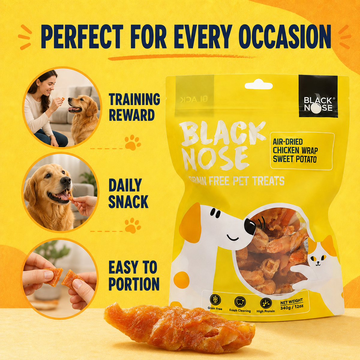 Black Nose Air-Dried Chicken-Wrapped Sweet Potato Dog Treats – Grain-Free, 12 oz