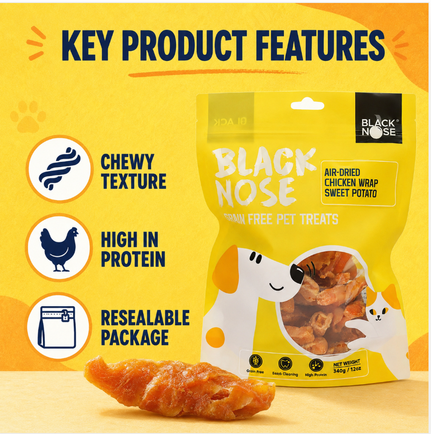 Black Nose Air-Dried Chicken-Wrapped Sweet Potato Dog Treats – Grain-Free, 12 oz