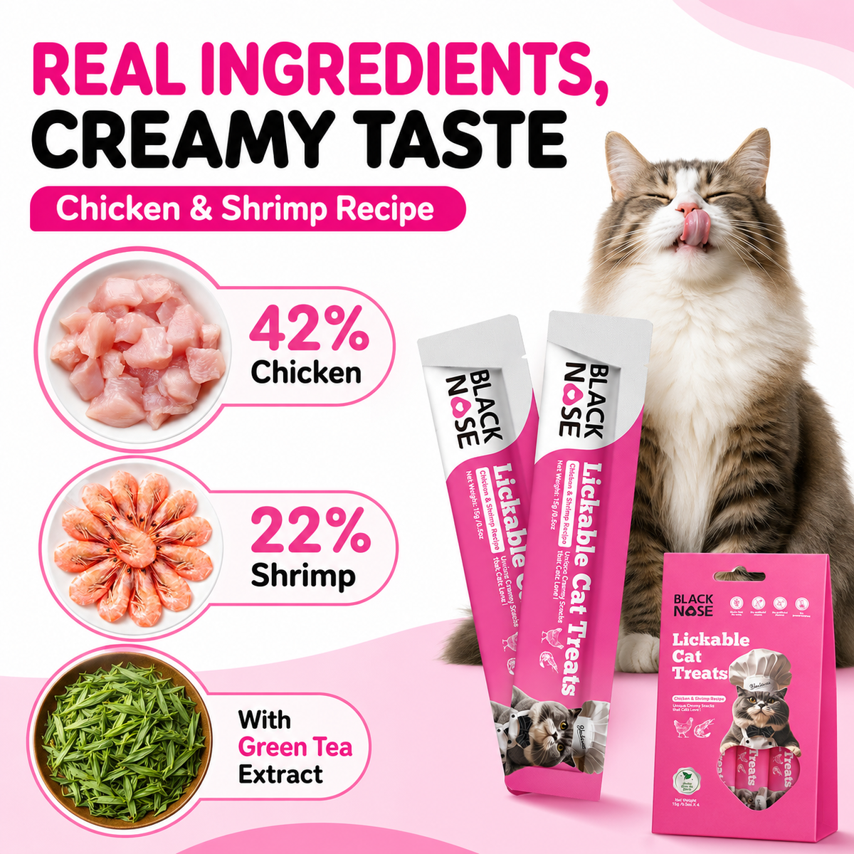 Black Nose Lickable Cat Treats – Chicken & Shrimp Recipe, Grain-Free, 4 × 0.5 oz Tubes