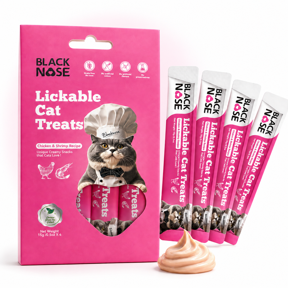 Black Nose Lickable Cat Treats – Chicken & Shrimp Recipe, Grain-Free, 4 × 0.5 oz Tubes