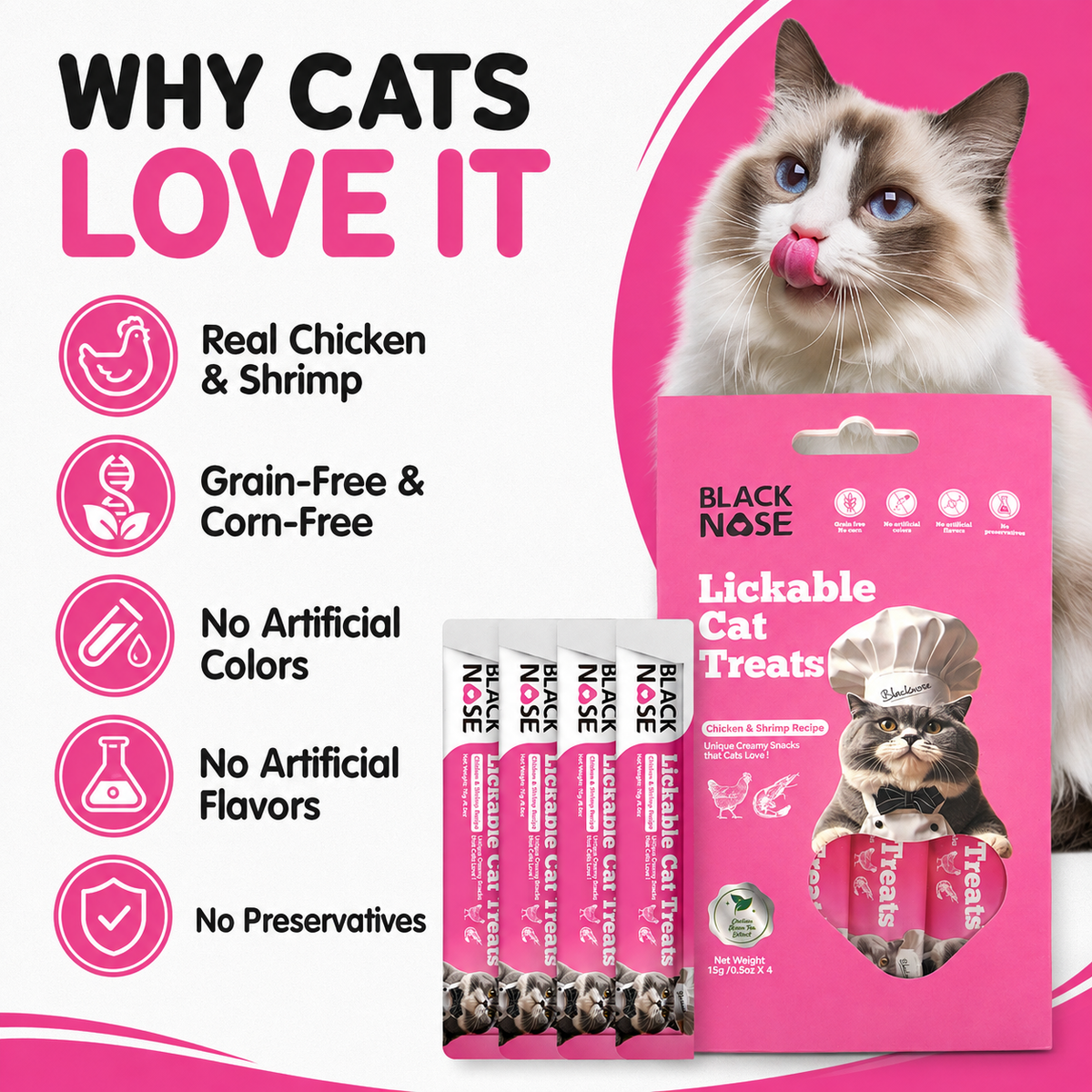 Black Nose Lickable Cat Treats – Chicken & Shrimp Recipe, Grain-Free, 4 × 0.5 oz Tubes